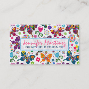 Farbenfrohe Retro-Schmetterlinge und Blume Muster Visitenkarte
