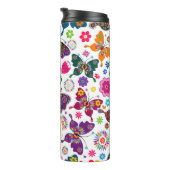 Farbenfrohe Retro-Schmetterlinge und Blume Thermosbecher (Nach rechts gedreht)