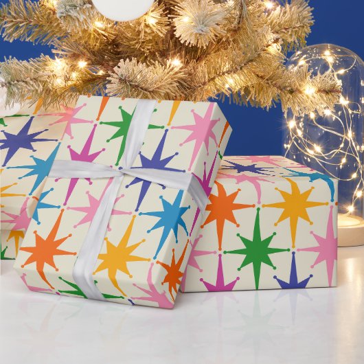 Farbenfrohe Retro-Sternexplosionen Mitte Jahrhunde Geschenkpapier (Feiertage)