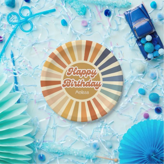 Farbenfrohe Retro Sun Groovy Wave Happy Birthday Pappteller (Party)