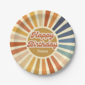 Farbenfrohe Retro Sun Groovy Wave Happy Birthday Pappteller (Vorderseite)