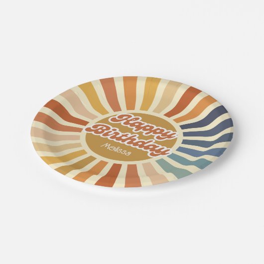 Farbenfrohe Retro Sun Groovy Wave Happy Birthday Pappteller (Schrägansicht)