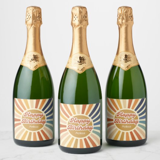 Farbenfrohe Retro Sun Groovy Wave Happy Birthday Schaumweinetikett (Flaschen)