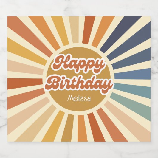 Farbenfrohe Retro Sun Groovy Wave Happy Birthday Schaumweinetikett (Einzelnes Label)