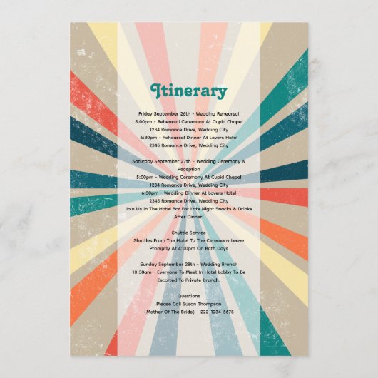 Farbenfrohe Retro Sunburst Hochzeitreise Programm (Rückseite)