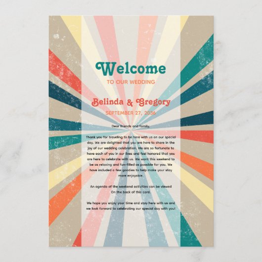 Farbenfrohe Retro Sunburst Hochzeitreise Programm (Vorderseite)