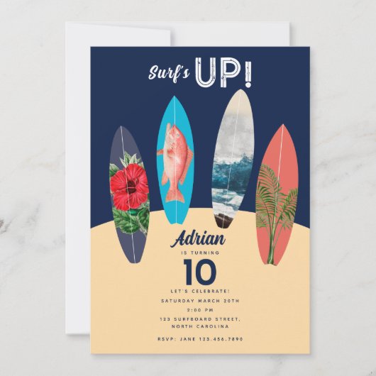 Farbenfrohe Retro-Surfboards surfen auf der Geburt Einladung (Vorderseite)