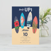 Farbenfrohe Retro-Surfboards surfen auf der Geburt Einladung (Stehend Vorderseite)