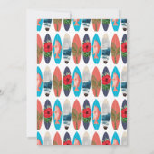 Farbenfrohe Retro-Surfboards surfen auf der Geburt Einladung (Rückseite)