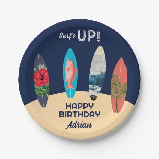 Farbenfrohe Retro-Surfboards surfen auf der Geburt Pappteller (Vorderseite)