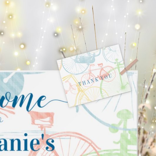 Farbenfrohe Retro Vintages Fahrradmuster Danke Postkarte
