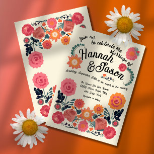 Farbenfrohe Retro-Volkslied-Kunst Blumenhochzeit Einladung