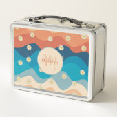 Farbenfrohe Retro Waves & Daisis Muster Monogramm Metall Brotdose (Rückseite)