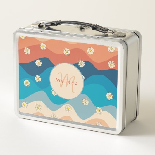 Farbenfrohe Retro Waves & Daisis Muster Monogramm Metall Brotdose (Rückseite)