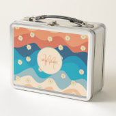 Farbenfrohe Retro Waves & Daisis Muster Monogramm Metall Brotdose (Vorderseite)