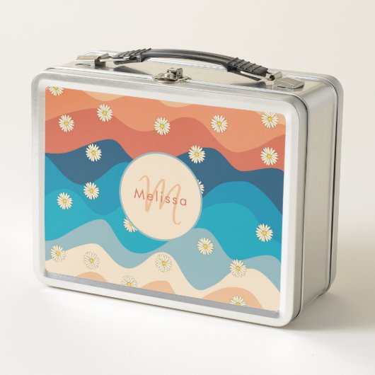 Farbenfrohe Retro Waves & Daisis Muster Monogramm Metall Brotdose (Vorderseite)