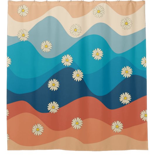 Farbenfrohe Retro Waves & Daisises Muster Duschvorhang (Vorderseite)