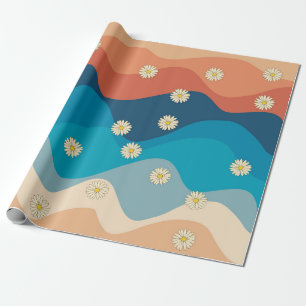 Farbenfrohe Retro Waves & Daisises Muster Geschenkpapier