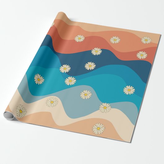 Farbenfrohe Retro Waves & Daisises Muster Geschenkpapier (Ungerollt)