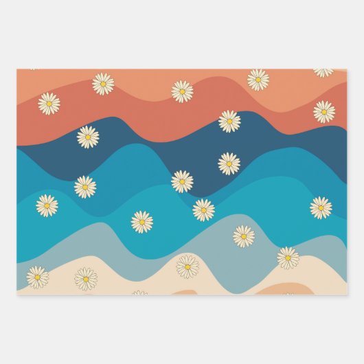 Farbenfrohe Retro Waves & Daisises Muster Geschenkpapier Set (Vorderseite)