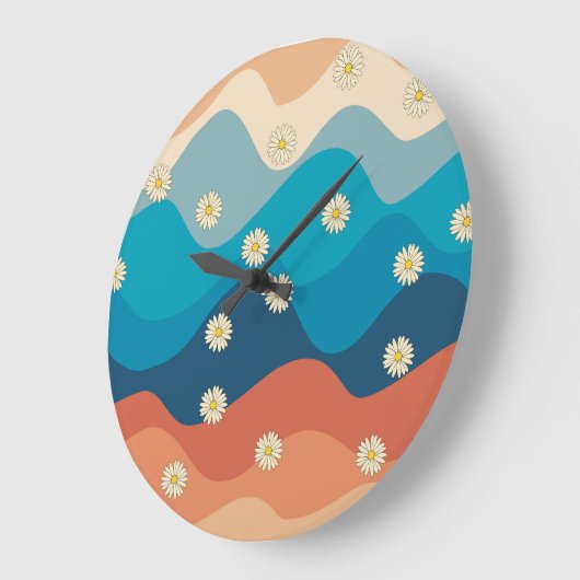 Farbenfrohe Retro Waves & Daisises Muster Große Wanduhr (Winkel)