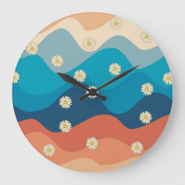 Farbenfrohe Retro Waves & Daisises Muster Große Wanduhr