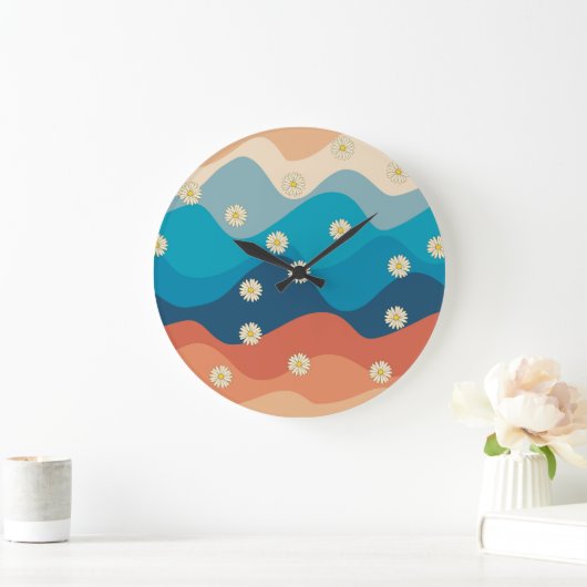 Farbenfrohe Retro Waves & Daisises Muster Große Wanduhr (Zuhause)