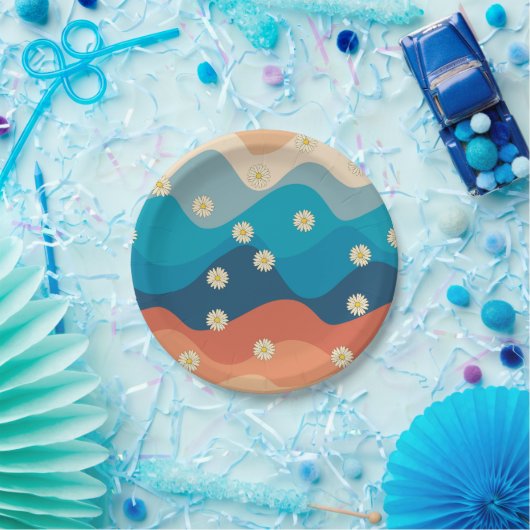 Farbenfrohe Retro Waves & Daisises Muster Pappteller (Party)