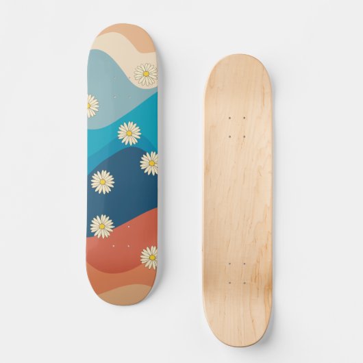 Farbenfrohe Retro Waves & Daisises Muster Skateboard (Vorderseite)