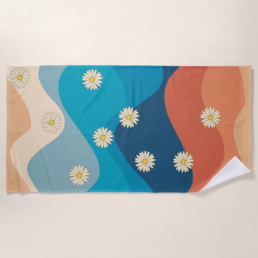 Farbenfrohe Retro Waves & Daisises Muster Strandtuch (Vorderseite)