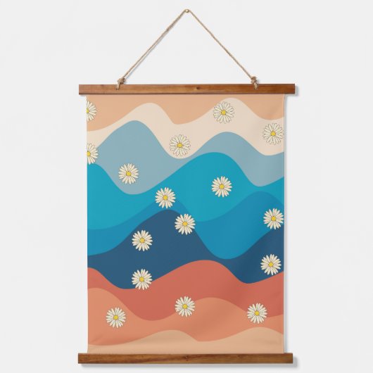 Farbenfrohe Retro Waves & Daisises Muster Wandteppich Mit Holzrahmen (Vorderseite)