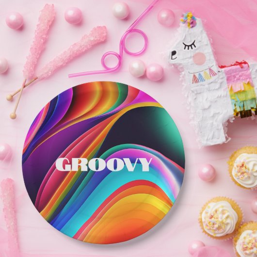 Farbenfrohe Retro Waves Groovy Pappteller (Party)