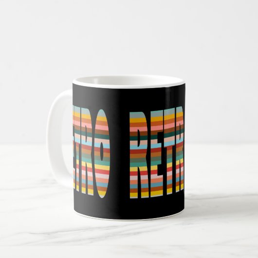 Farbenfrohe Retro Word Streifen Kaffeetasse (Vorderseite Links)