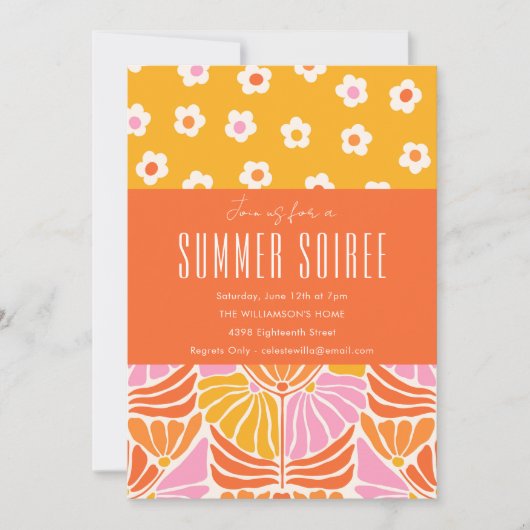 Farbenfrohe Retroflorale Orange Summer Soiree Einladung (Vorderseite)