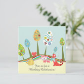 Farbenfrohe Retrokatzen und Ostereier Bäume Geburt Einladung (Stehend Vorderseite)