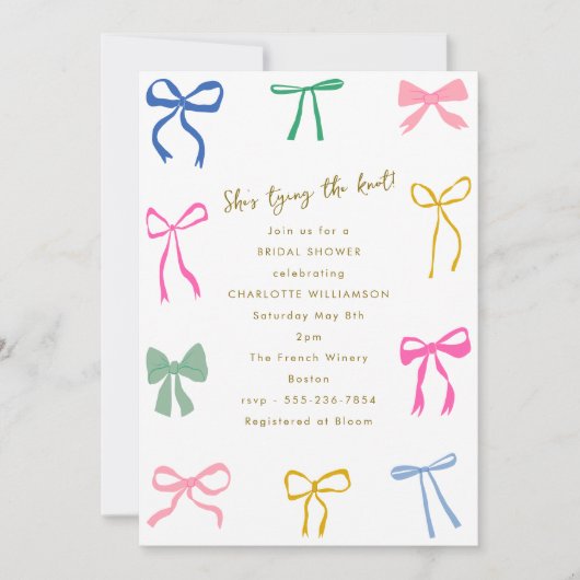 Farbenfrohe Ribbon Bow Knot Script Brautparty Einladung (Vorderseite)