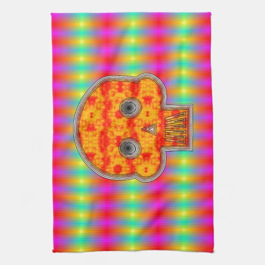 Farbenfrohe Robot Skull auf Regenbogenuntergrund Geschirrtuch (Vertikal)
