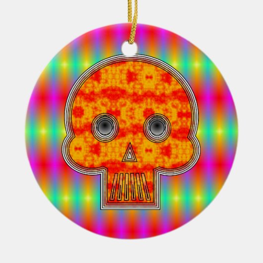 Farbenfrohe Robot Skull auf Regenbogenuntergrund Keramik Ornament (Vorne)