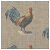 Farbenfrohe Rooster auf Imitate Jute Burlap Muster Stoff (Nahaufnahme)
