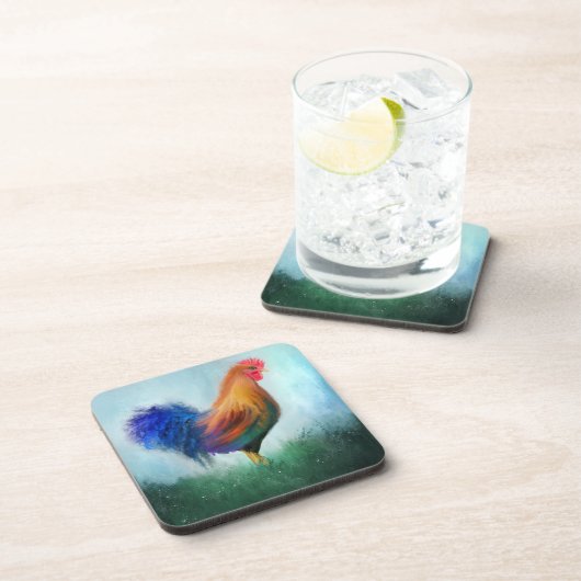 Farbenfrohe Rooster Fine Art Untersetzer (Rechte Seite)