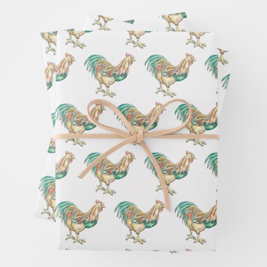 Farbenfrohe Rooster Geschenkpapier Set (Beispiel)