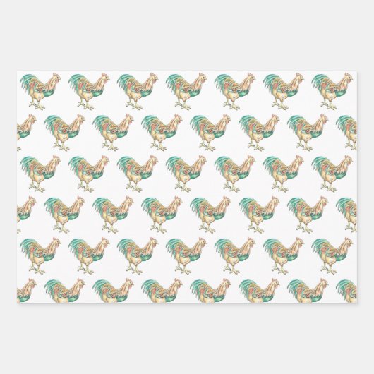 Farbenfrohe Rooster Geschenkpapier Set (Vorderseite)