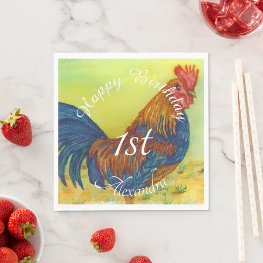 Farbenfrohe Rooster Happy Brthday Serviette (Beispiel)