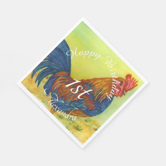 Farbenfrohe Rooster Happy Brthday Serviette (Ecke)