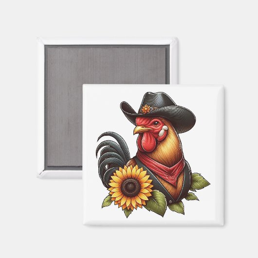 Farbenfrohe Rooster mit Cowboy-Hut und Sonnenblume Magnet (Vorderseite/Rückseite)