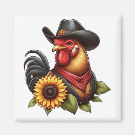 Farbenfrohe Rooster mit Cowboy-Hut und Sonnenblume Magnet