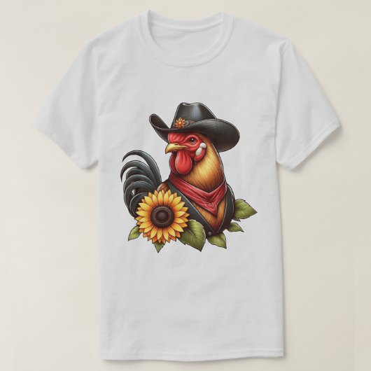 Farbenfrohe Rooster mit Cowboy-Hut und Sonnenblume T-Shirt (Design vorne)