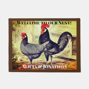 Farbenfrohe Rooster und Hen Willkommen in unserem  Fußmatte