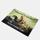 Farbenfrohe Rooster und Hühner "Willkommen in unse Fußmatte (Schrägansicht)