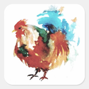 Farbenfrohe Rooster Wasserfarben Hühner Quadratischer Aufkleber